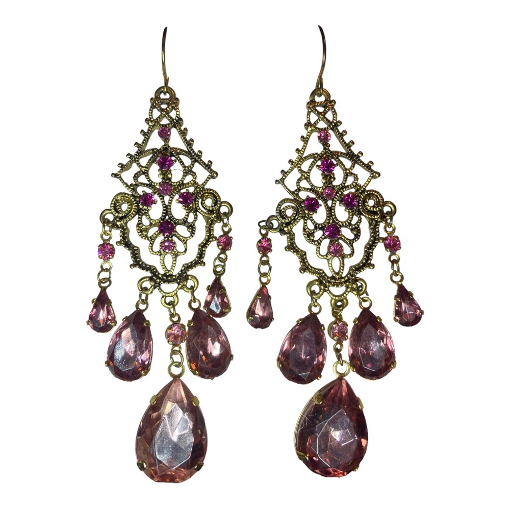 Gold Filigree Chandelier Earrings w/Pink Gems - Picture 2 of 5